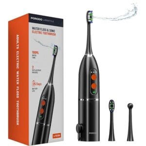 Porodo Lifestyle Electric Toothbrush with Water Flosser, IPX7 Waterproof, 100ml Water Capacity, 2× Replacement Brushes, 25 Day Battery Life, Sonic Oral Irrigator, Ideal for Home & Travel - Black