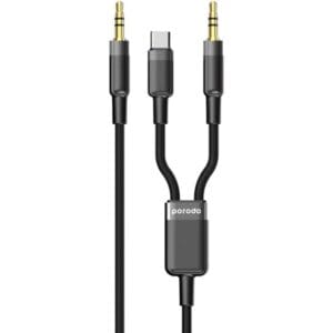 Porodo 2in1 Aux 3.5 to 3.5+typeC Cable 1.2M | Audio Source,Tangle Free,15000+ Bends Life Span - Black