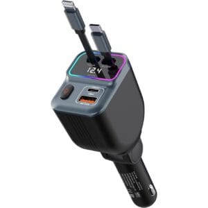 Porodo 65W 4-in-1 Car Charger with Retractable Type-C & Lightning Cables (80cm), Fast Charging Hub with Extra USB-C & USB-A Ports, and Digital Voltage Display.