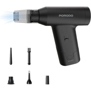 Porodo Lifestyle Dual Mode Cordless Air Duster & Vacuum, 160W 3H Working Time, 4 Adjustable Speed Levels, 130000RPM Powerful Airflow & Suction, 5000mAh Battery, 5 Nozzle Attachments Included – Black