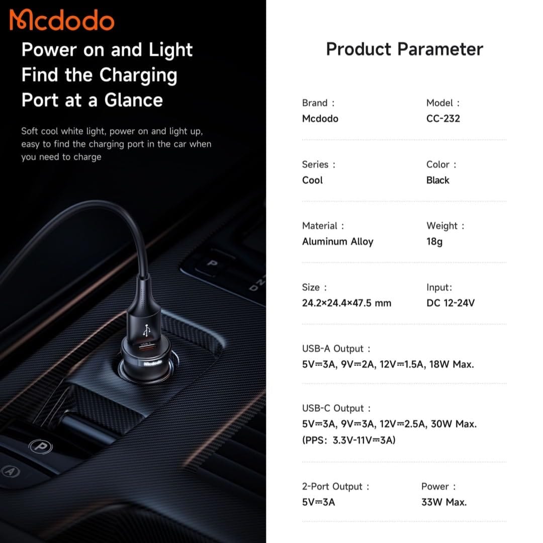 Mcdodo CC-2320 Cool Series LED Fast Car Charger PD33W 1C1U - Image 3
