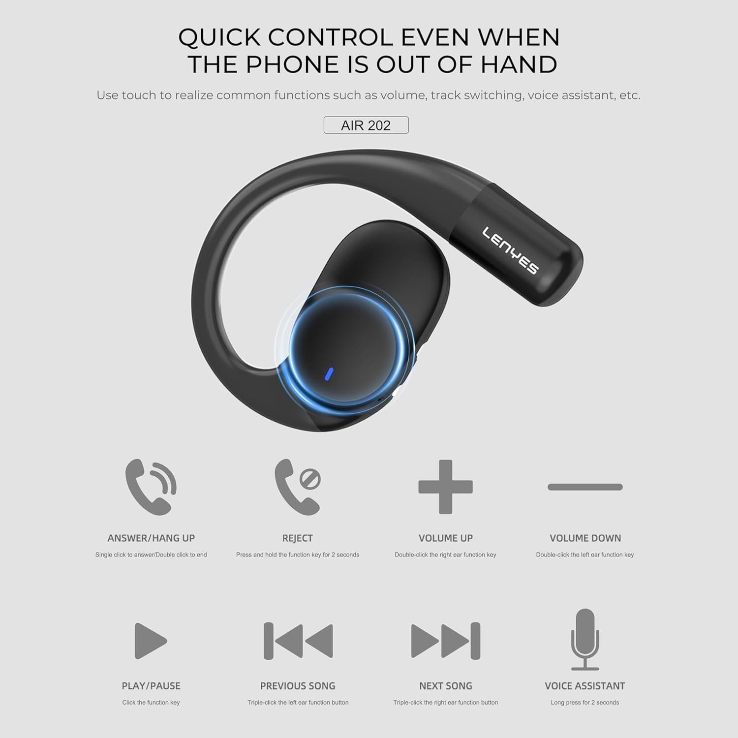 Lenyes AIR 202 Bluetooth 5.4 Wireless Earphones | 7.5H Playtime | 14.2mm Drivers | IPX4 Waterproof | Open-Ear Hook Design | Fast Charging (Black) - Image 3