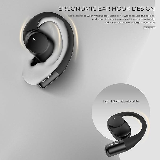Lenyes AIR 202 Bluetooth 5.4 Wireless Earphones | 7.5H Playtime | 14.2mm Drivers | IPX4 Waterproof | Open-Ear Hook Design | Fast Charging (Black) - Image 6