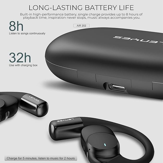 Lenyes AIR 202 Bluetooth 5.4 Wireless Earphones | 7.5H Playtime | 14.2mm Drivers | IPX4 Waterproof | Open-Ear Hook Design | Fast Charging (Black) - Image 8