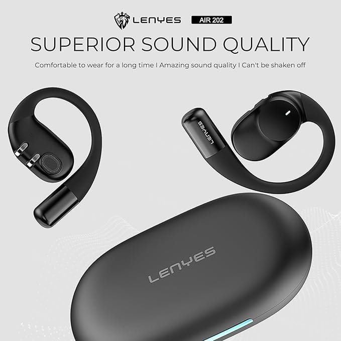 Lenyes AIR 202 Bluetooth 5.4 Wireless Earphones | 7.5H Playtime | 14.2mm Drivers | IPX4 Waterproof | Open-Ear Hook Design | Fast Charging (Black) - Image 9