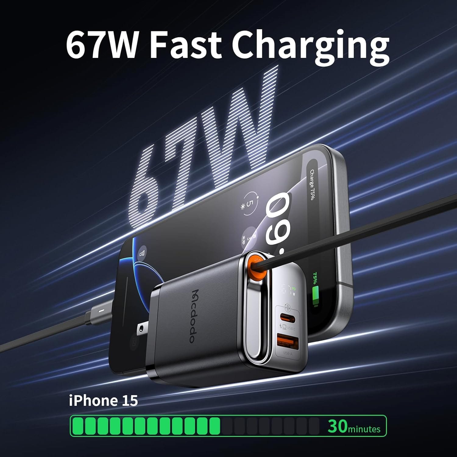 Mcdodo 67W USB C Charger Block with Retractable Type-C Cable, Dual Port (USB A+C) Foldable Wall Charger GaN Fast Charging Bolck Fit iPhone 16 15 Pro/ProMax/Plus, Galaxy, iPad, MacBook (Black) - Image 4