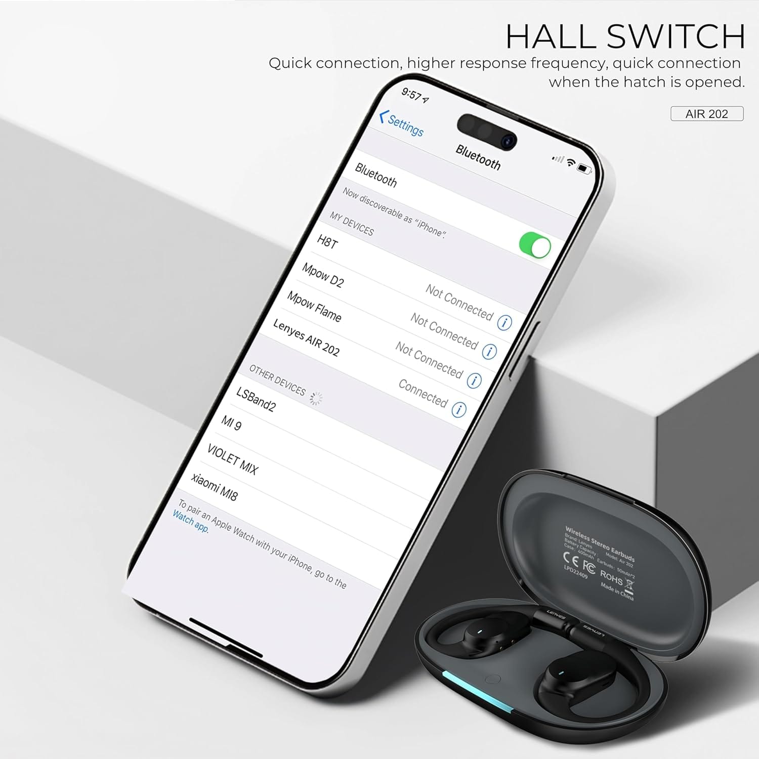 Lenyes AIR 202 Bluetooth 5.4 Wireless Earphones | 7.5H Playtime | 14.2mm Drivers | IPX4 Waterproof | Open-Ear Hook Design | Fast Charging (Black) - Image 2