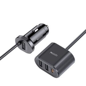 YESIDO Y41 4-Port Car Charger (PD Fast Charge, 3×USB + Type-C, 18W, 12–24V, Telescopic Cable) – Black