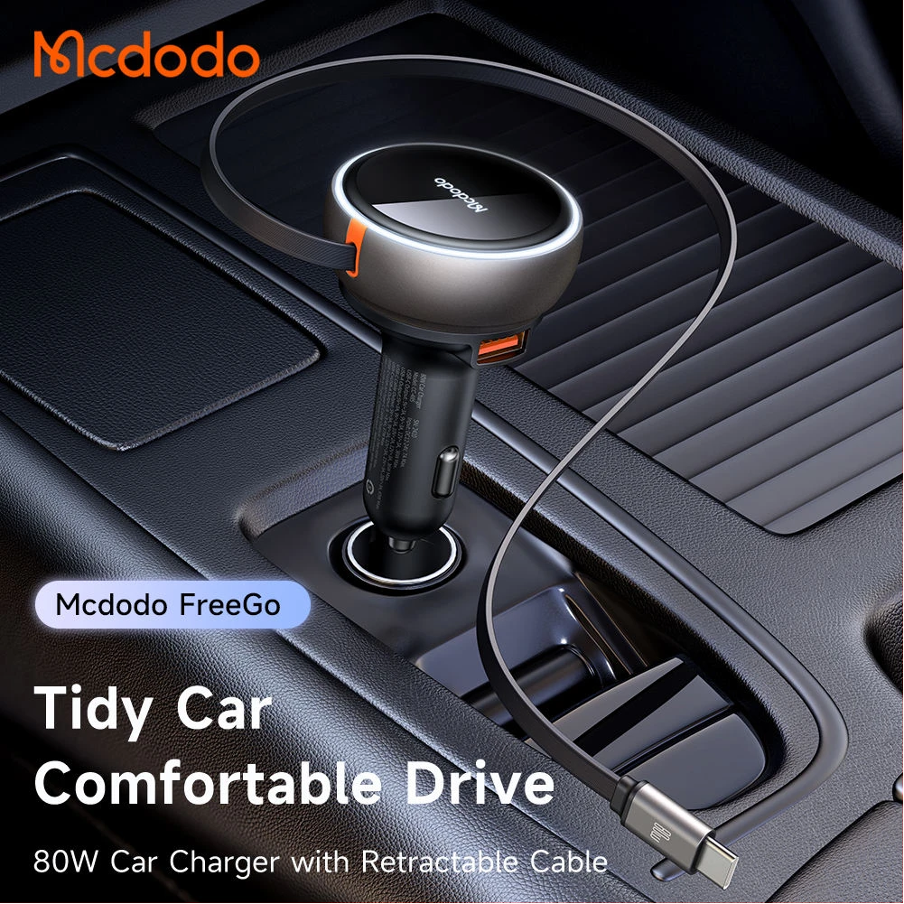 Mcdodo CC-485 FreeGo 80W PD Car Charger with 80cm Retractable USB-C Cable, Triple Device Fast Charging - Image 2