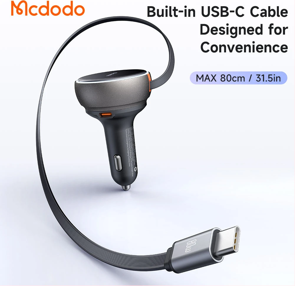 Mcdodo CC-485 FreeGo 80W PD Car Charger with 80cm Retractable USB-C Cable, Triple Device Fast Charging - Image 3
