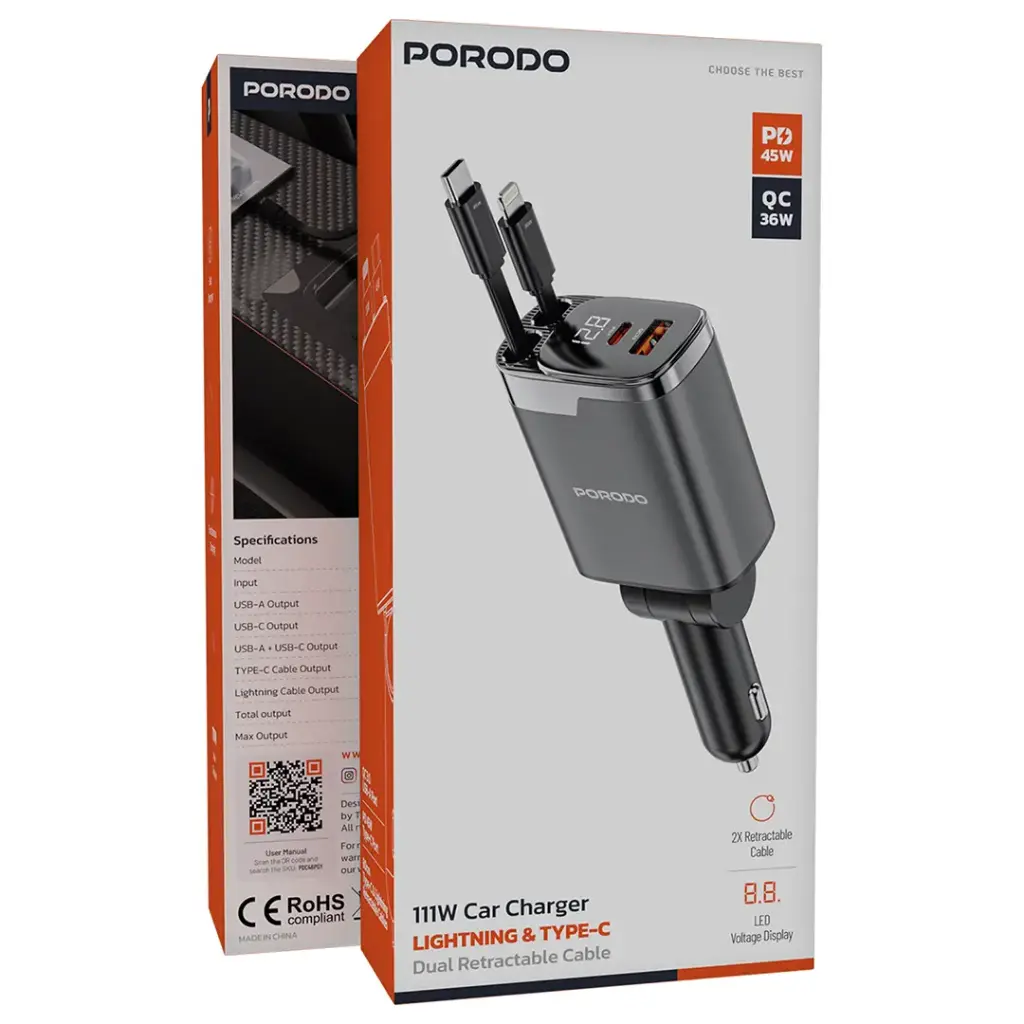 Porodo 111W Car Charger with Lightning & Type-C Retractable Cables - Gray - Image 3