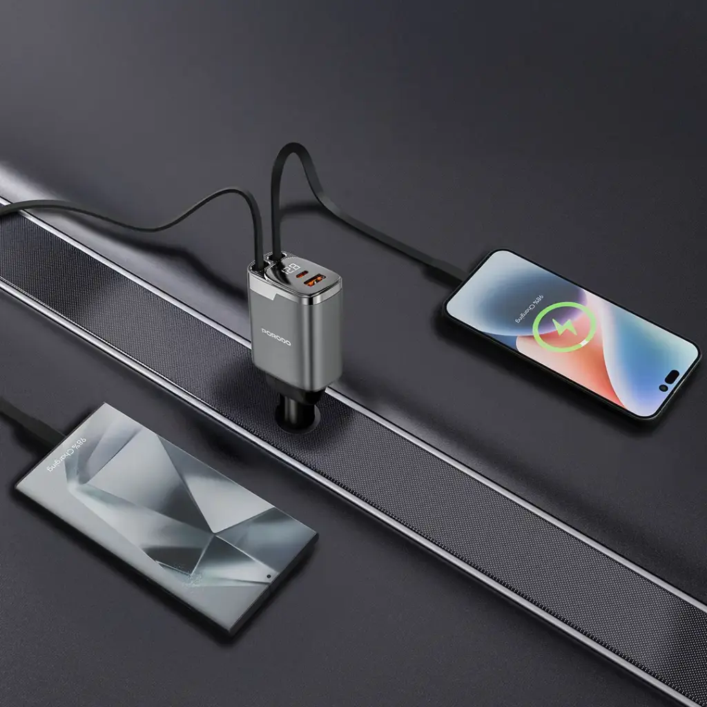 Porodo 111W Car Charger with Lightning & Type-C Retractable Cables - Gray - Image 2