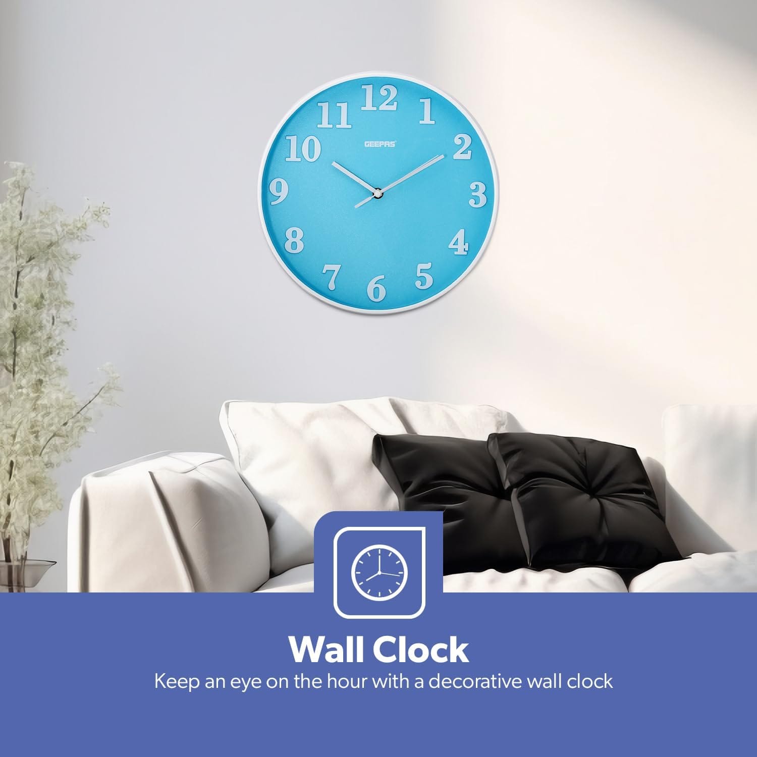 Geepas GWC26014 Wall Clock 3D Numbers | Silent Non-Ticking | Round Decorative Wall Clock for Living Room, Bedroom, Kitchen (Battery Not Included) | 2 Years Warranty (Sky Blue) - Image 6