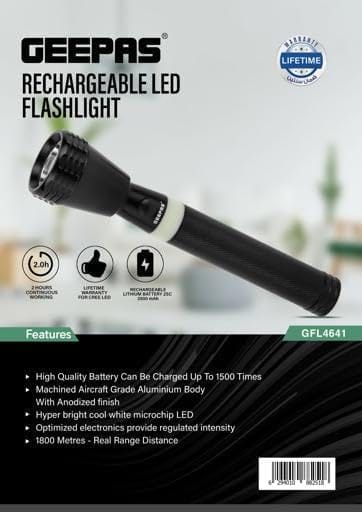 Geepas GFL4641 Rechargeable LED Flashlight – Portable Aluminum LED Torch with Lithium Battery, Water Resistant Design & Bright Emergency Lighting for Outdoor & Everyday Use - Image 9