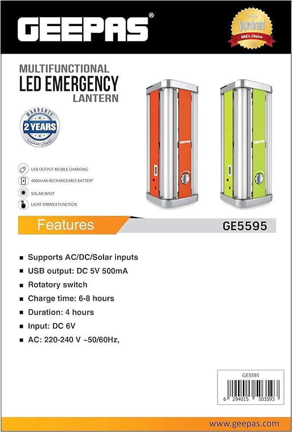 Geepas Multi-functional LED Emergency Lantern, 4000mAh, GE5595 | Portable, Lightweight | Solar Input with Dimmer Function | 4 Hours Working | Ideal to Charge Personal Devices - Image 5