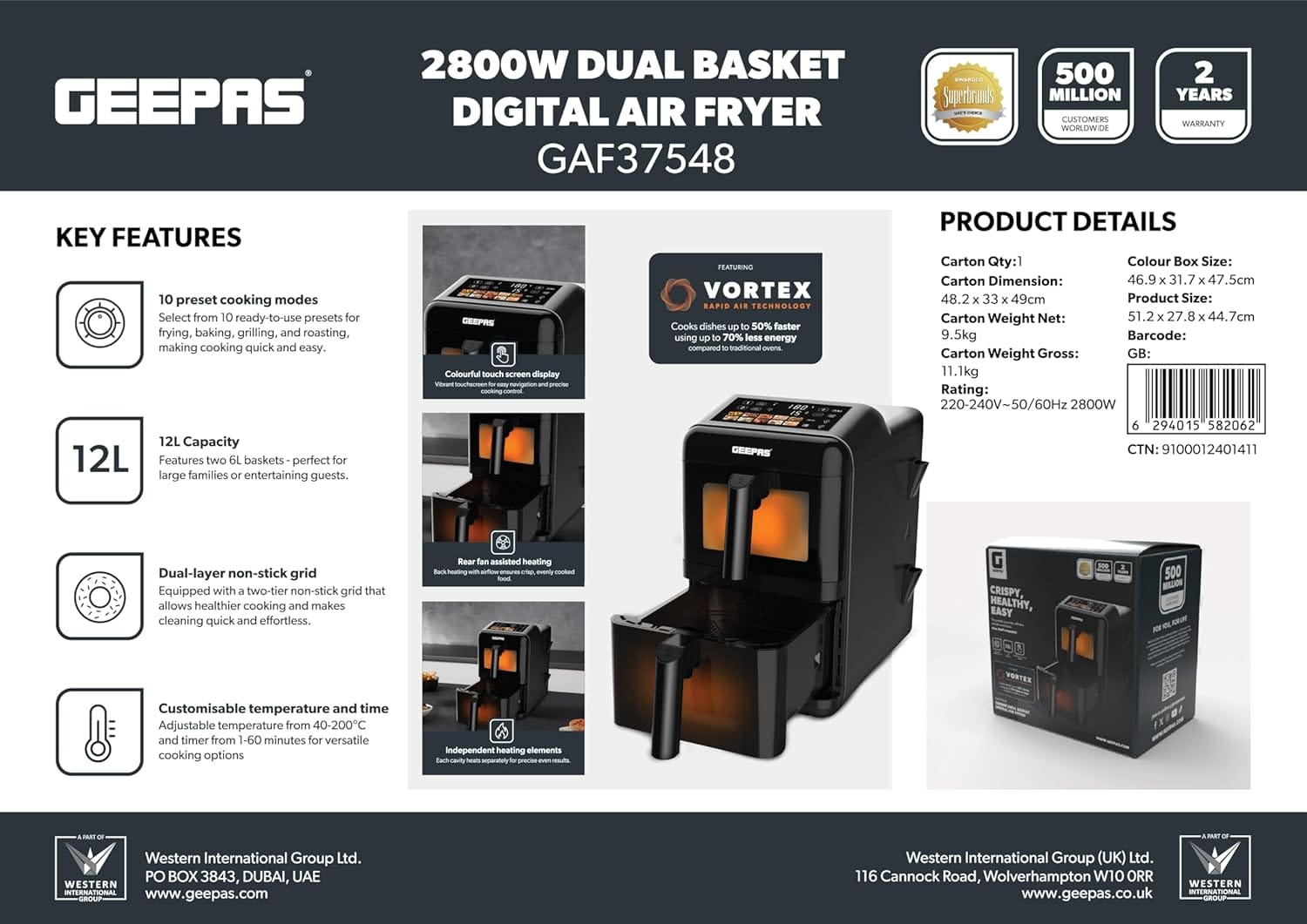 Geepas GAF37548 2800W Dual Basket Digital Air Fryer with 12L Capacity, 10 Preset Cooking Modes, Dual Non-Stick Grid, Adjustable Temperature & Timer - Image 5