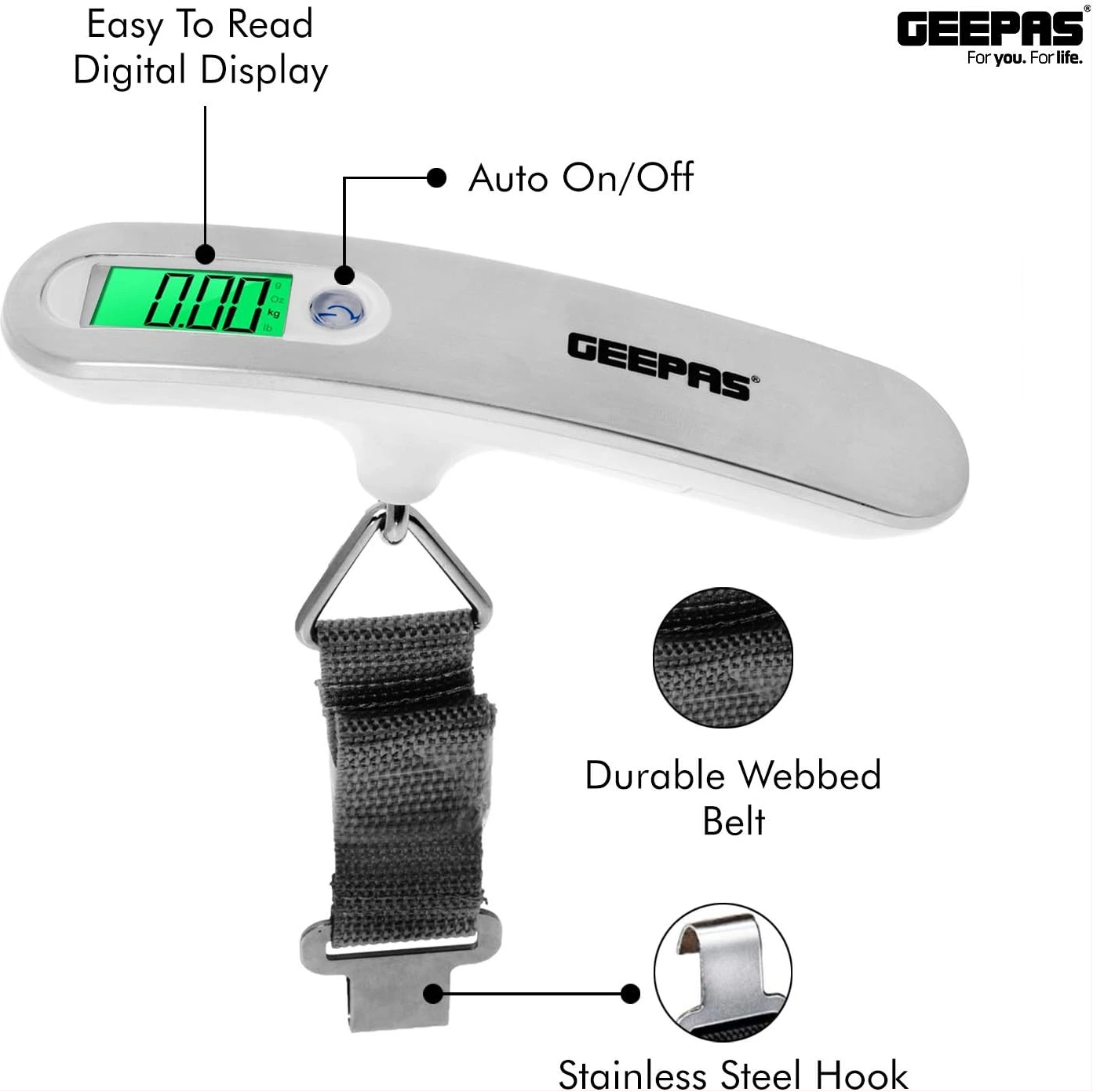Geepas GLS4221 Digital Luggage Weighing Scale – 50kg Portable Travel Scale with LCD Display, High-Precision Sensor, Stainless Steel Body & One-Button Operation - Image 3