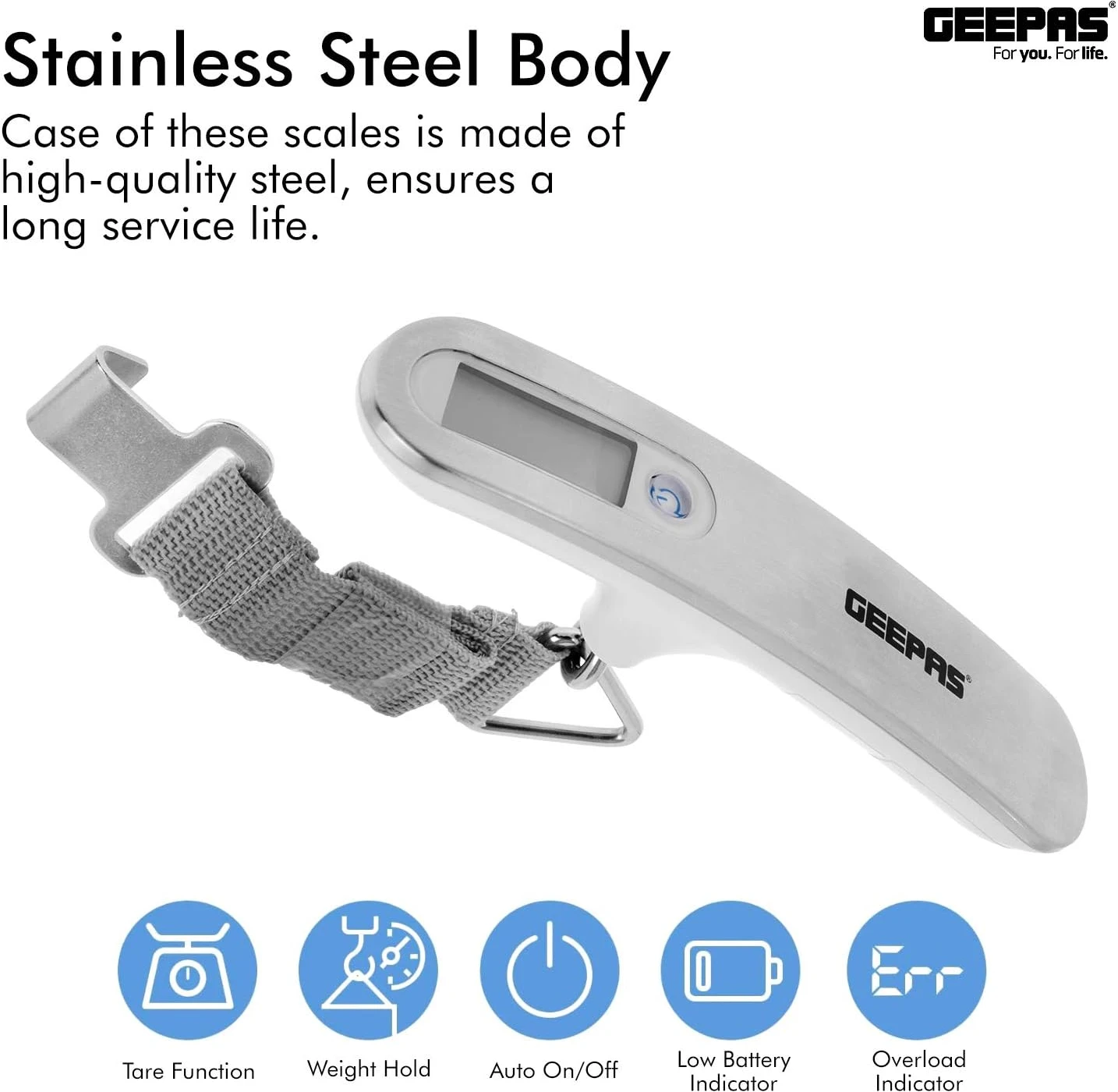 Geepas GLS4221 Digital Luggage Weighing Scale – 50kg Portable Travel Scale with LCD Display, High-Precision Sensor, Stainless Steel Body & One-Button Operation - Image 5
