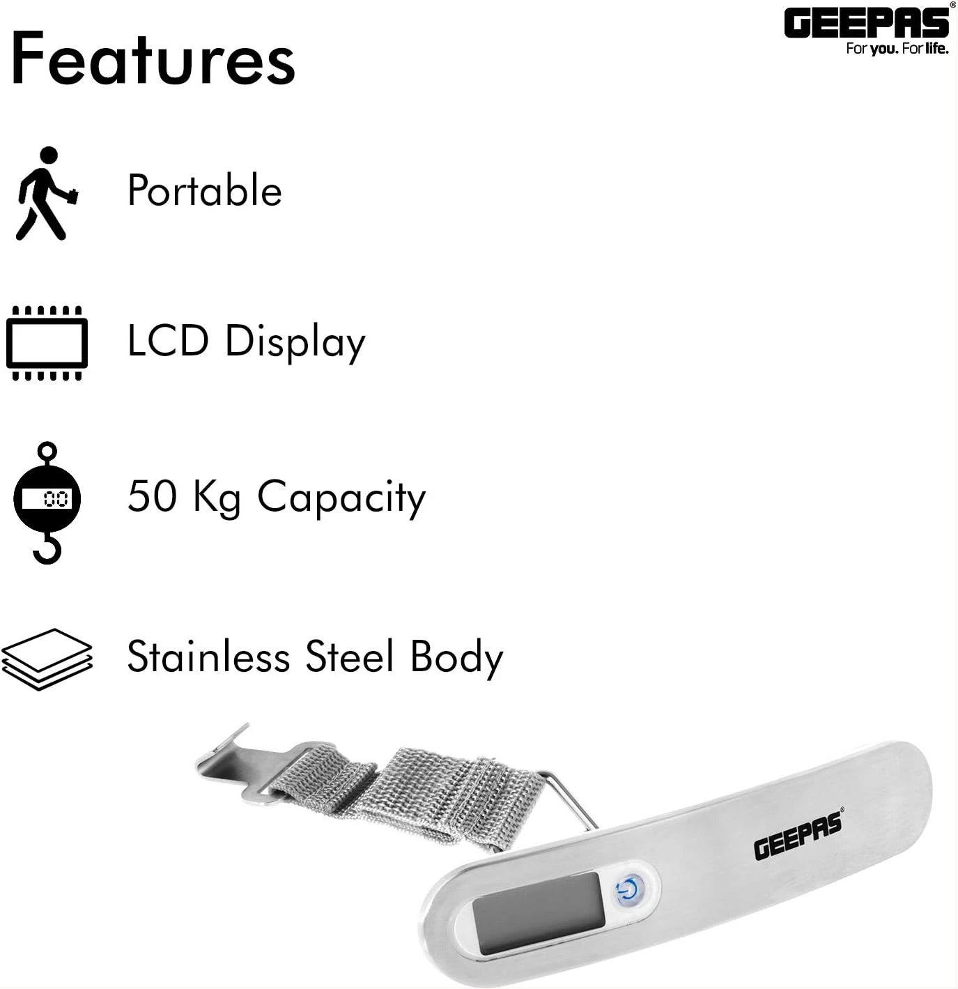 Geepas GLS4221 Digital Luggage Weighing Scale – 50kg Portable Travel Scale with LCD Display, High-Precision Sensor, Stainless Steel Body & One-Button Operation - Image 7