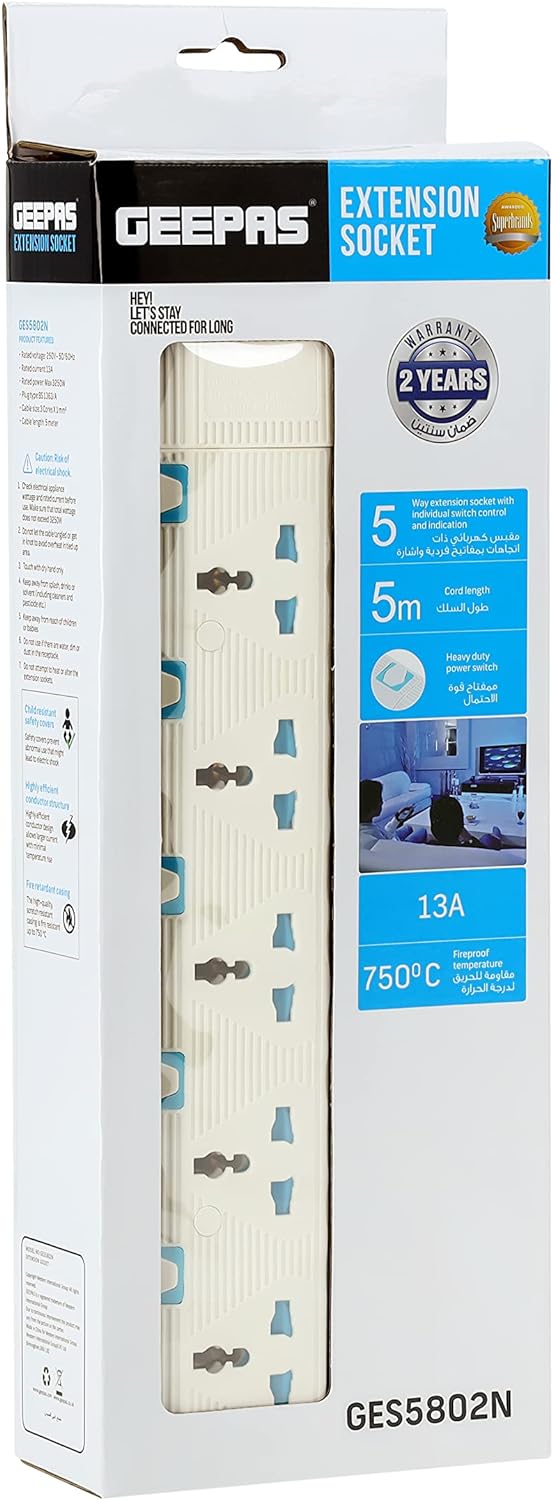 Geepas Extension Socket, 4 Ways, 3m Cord Length | GES4095 | Power Extension Socket | Multi Plug Power Cable |Heavy Duty Power Switch - Image 6