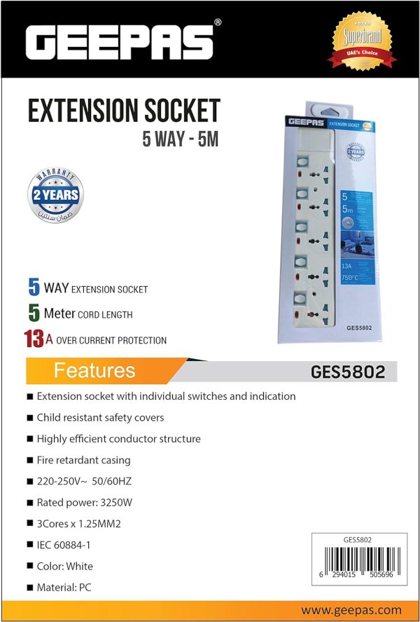 Geepas Extension Socket, 4 Ways, 3m Cord Length | GES4095 | Power Extension Socket | Multi Plug Power Cable |Heavy Duty Power Switch - Image 8